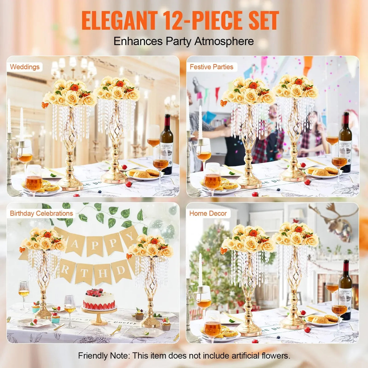 VEVOR Flower Stand Crystal Wedding Vase Set of 12 Vase Height 49cm/19.3 inches for Party/Decoration Vase
