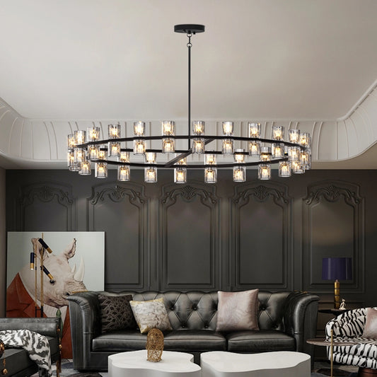 Modern 48 Inch Black Round Chandelier Light Fixture, Crystal for Dining Room, Living Room, Wagon Wheel over Table