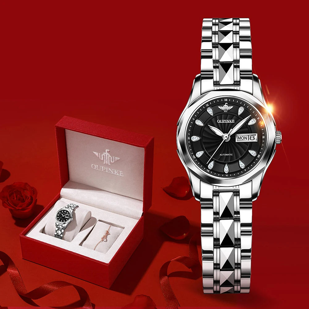 OUPINKE 3172 Mechanical Ladies' Watch Diamond Dial Auto Calendar Sapphire Mirror Imported Japan Automatic Movement Set