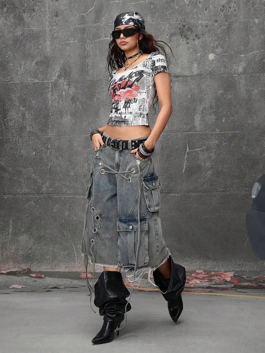 Grunge Punk Women's Distressed Loose Low Waist Denim Capri Pants with Lace-Up Detail