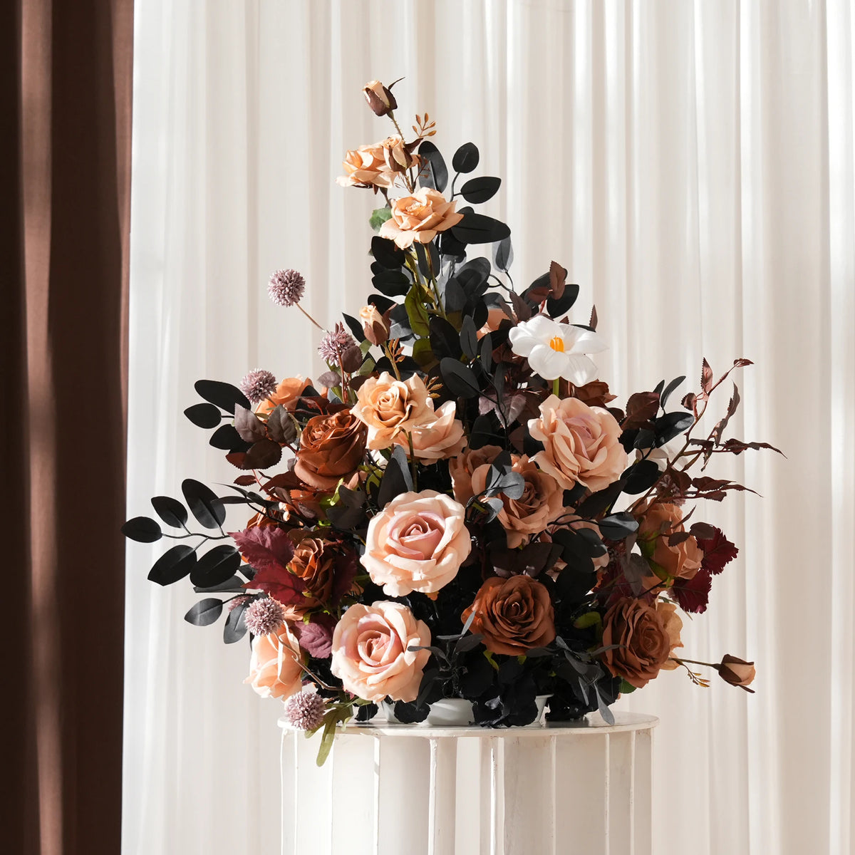 Angela Flower 2Pcs 50cm Artificial Dark Brown Rose Eucalyptus Table Centerpiece Floral Arrangement Wedding Backdrop Decor A9229