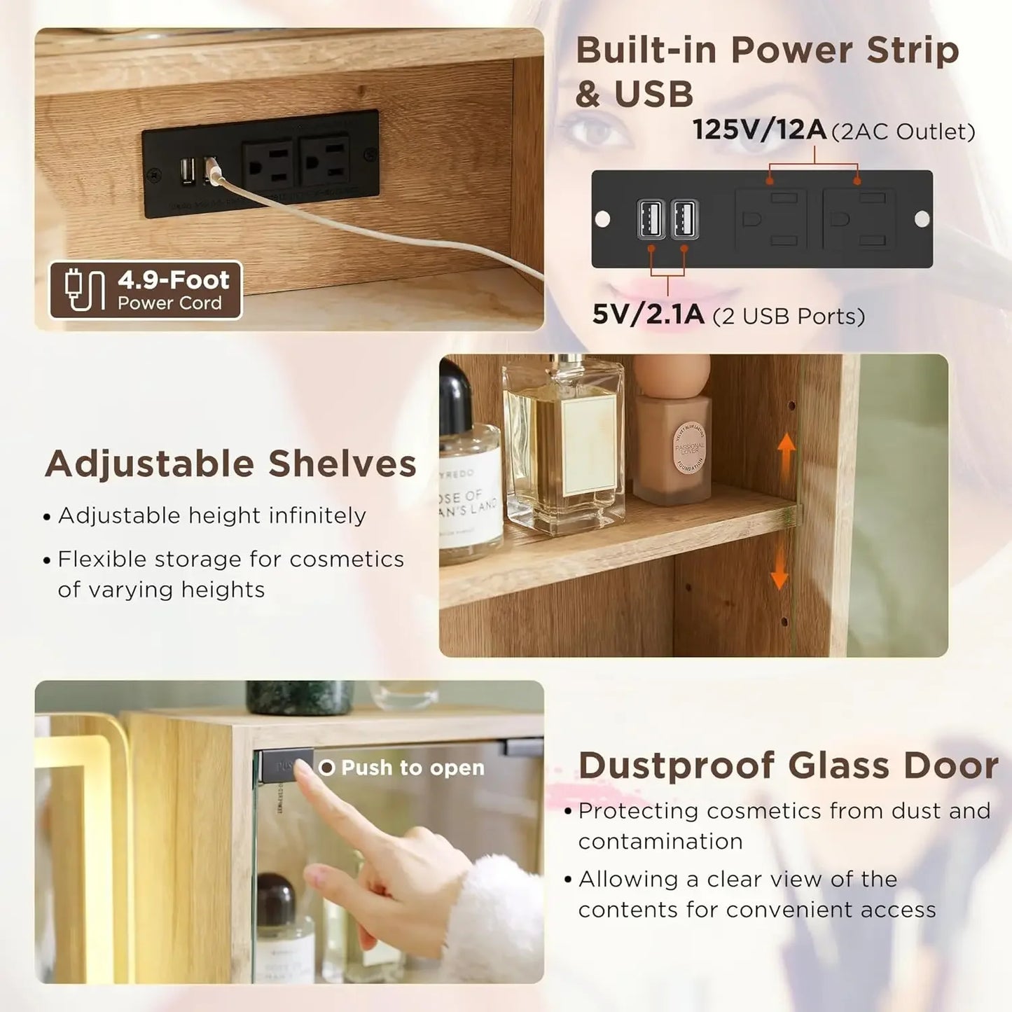 48" Modern Fluted Makeup Vanity Desk with Large 36" Mirror & Lights, with 5 Drawers & Adjustable Shelves, Oak 2025 NEW