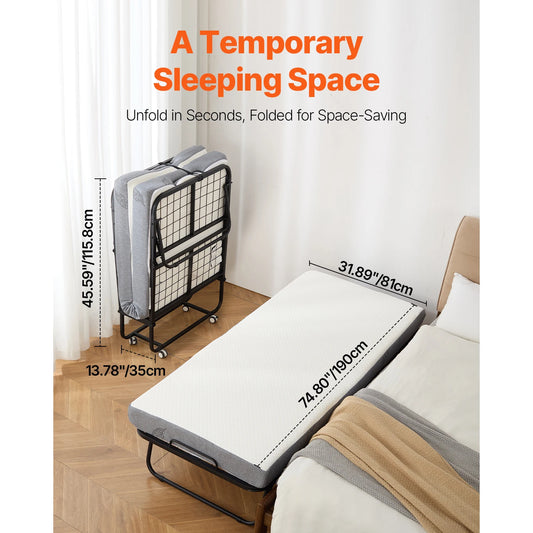 VEVOR 31/38in Rollaway Bed Portable Twin Roll Away Bed with Sturdy Metal Frame & Memory Foam Mattress Multi-functional Recliner