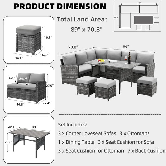 Patio Furniture Set, 7 Pieces Outdoor Patio Furniture with Dining Table&Chair, All Weather Wicker Conversation Set with Ottoman