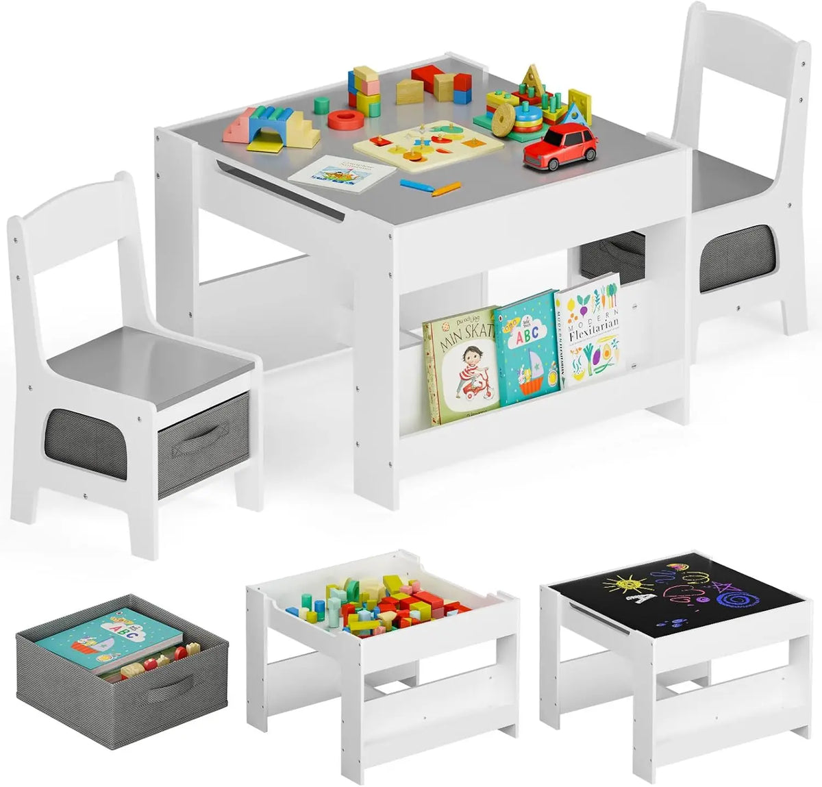 3 Pieces Wood Activity Table and Chairs Set Kids Study Play Desk With Storage Drawers For Toddlers