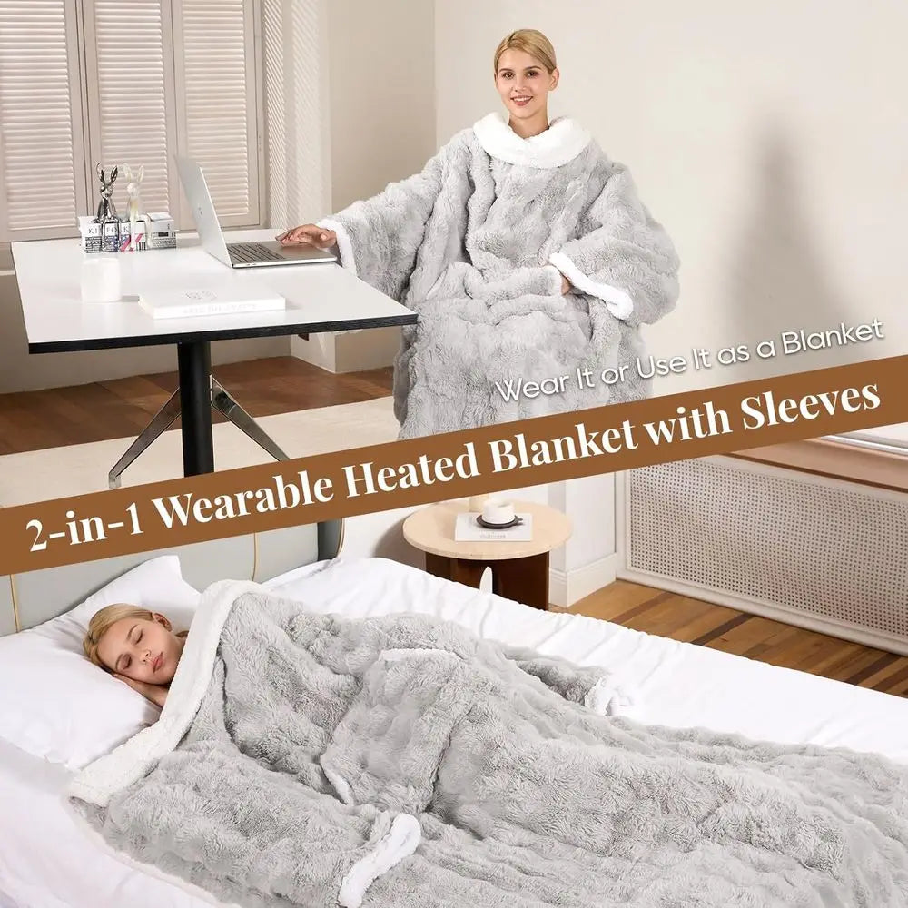 Heated Blanket, Luxury Faux Fur & Sherpa Electric Throw Blanket with Sleeves, Foot Pockets, Heated Robe for Women Men Gift, 3 He