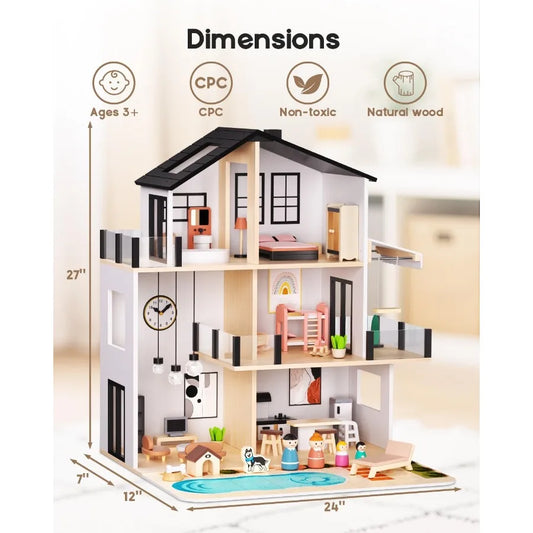 Wooden Dollhouse, Large Modern Doll House with 49Pcs Furniture Accessories, Dolls & Pets, DIY Puzzle Pool Yard, Wood Dollhouse T