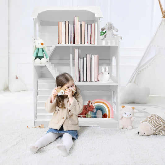Wooden Dollhouse Bookshelf 3-Tier Doll House Bookcase Kids Books Toys Dolls Storage Organizer Shelves for Children's Bedroom