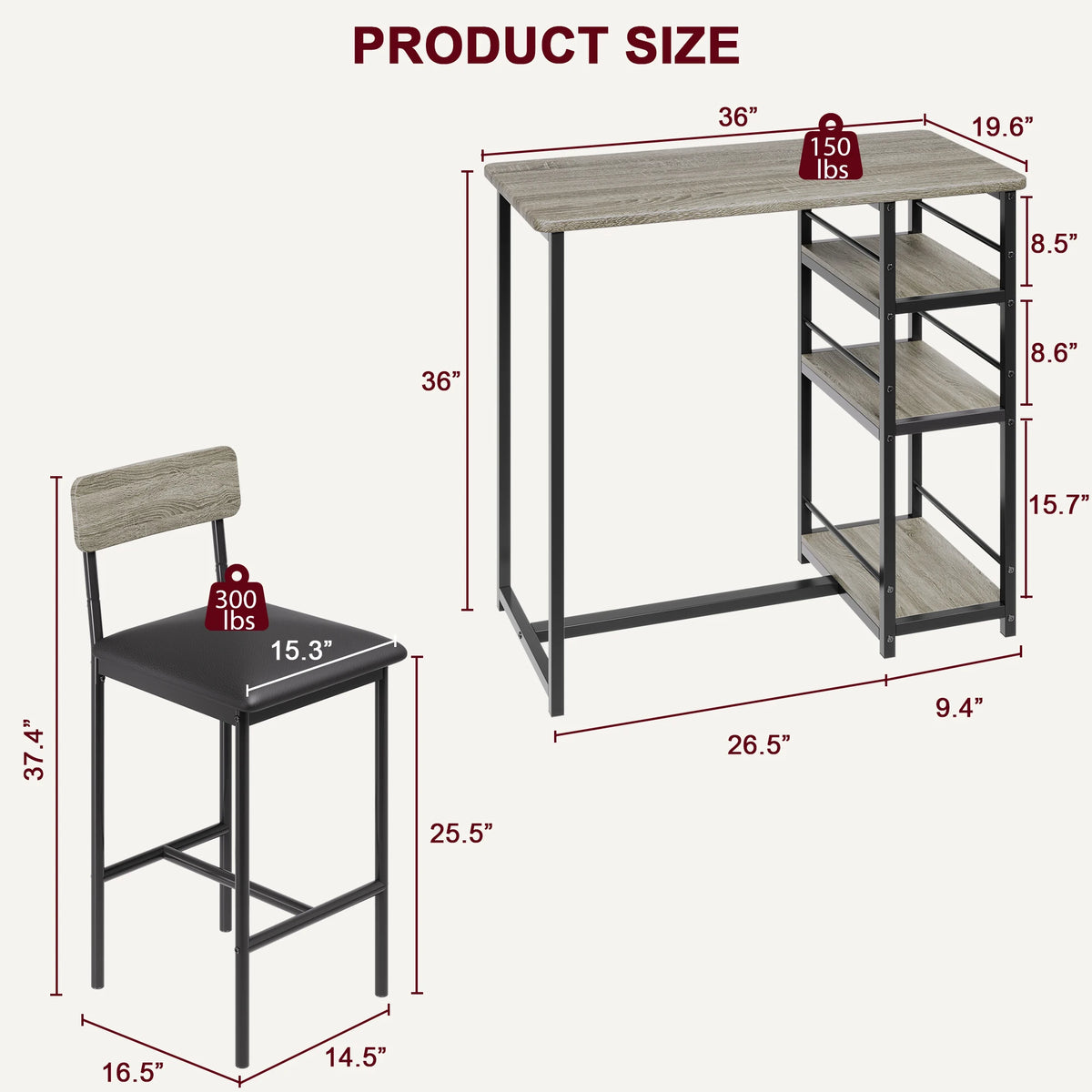 Dining Table Set for 2, Kitchen Table and Chairs, 3 Piece Counter Height Bar Kitchen Table Set with 2 Upholstered Chairs & 3 Storage Shelves for Small Space, Apartment, Retro Color/Gray