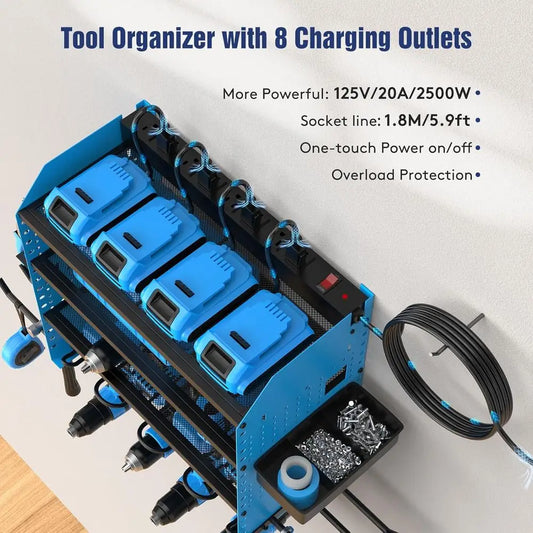 4-Tier Adjustable Wall-Mounted Power Tool Organizer with Charging Dock, Holds Drills, Hooks, and Storage Boxes