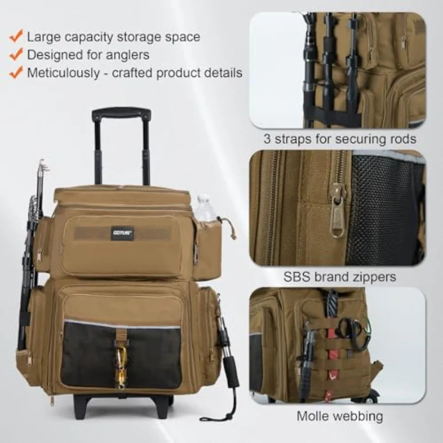 66L Rolling Tackle Box with Cooler Khaki Large Fishing Bag with Wheels for 5 3700 Trays Trays Not Included Saltwater Resistant