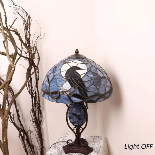 L10954 Raven Sitting on Bare Tree Branch in Full Moon Night Tiffany Style Stained Glass Table Lamp for Home Decor (Dark Bl