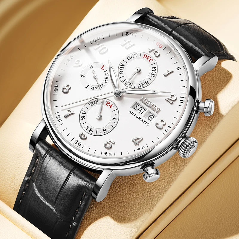 NESUN automatic mechanical men's watch with multi-functional luminous stainless steel case, a classic business men's watch