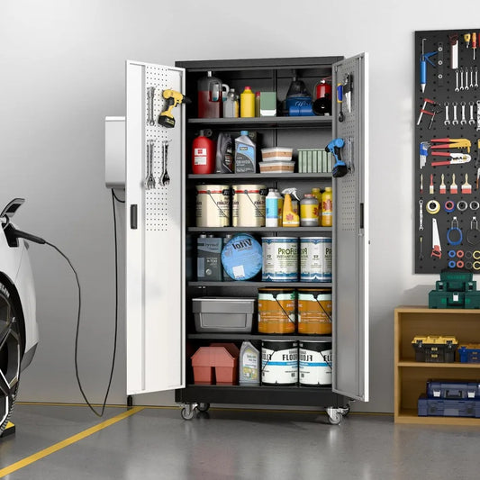 Adjustable Shelves Metal Garage Storage Cabinet with Wheels, 71 Tall, Lockable Doors, and Pegboard for Garage Organization