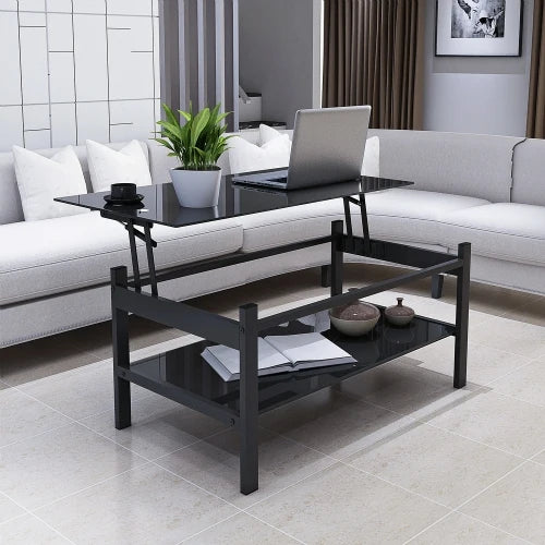 Glass lift top coffee table, modern minimalist living room double-layer tempered glass coffee table, black