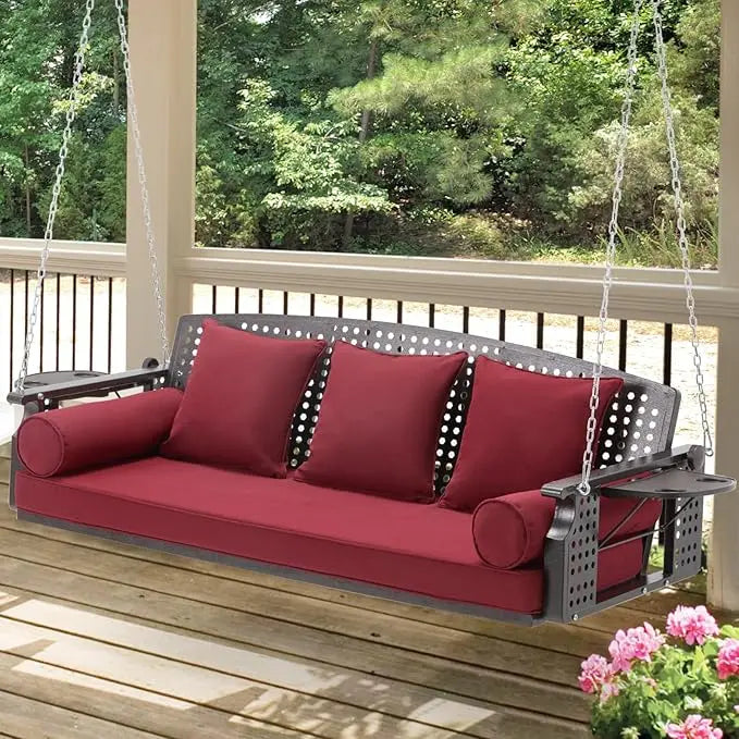 Three Porch Swing Chairs, A Terrace Swing Bench with Cup Holders and Three Cushions, with Chains