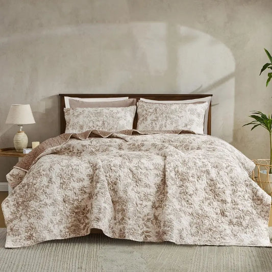 Floral Cotton Quilt King Size Stitch Bedding Set, Taupe Lightweight Comforter Cabin Blanket Farmhouse Bedspread with Pillow Sham