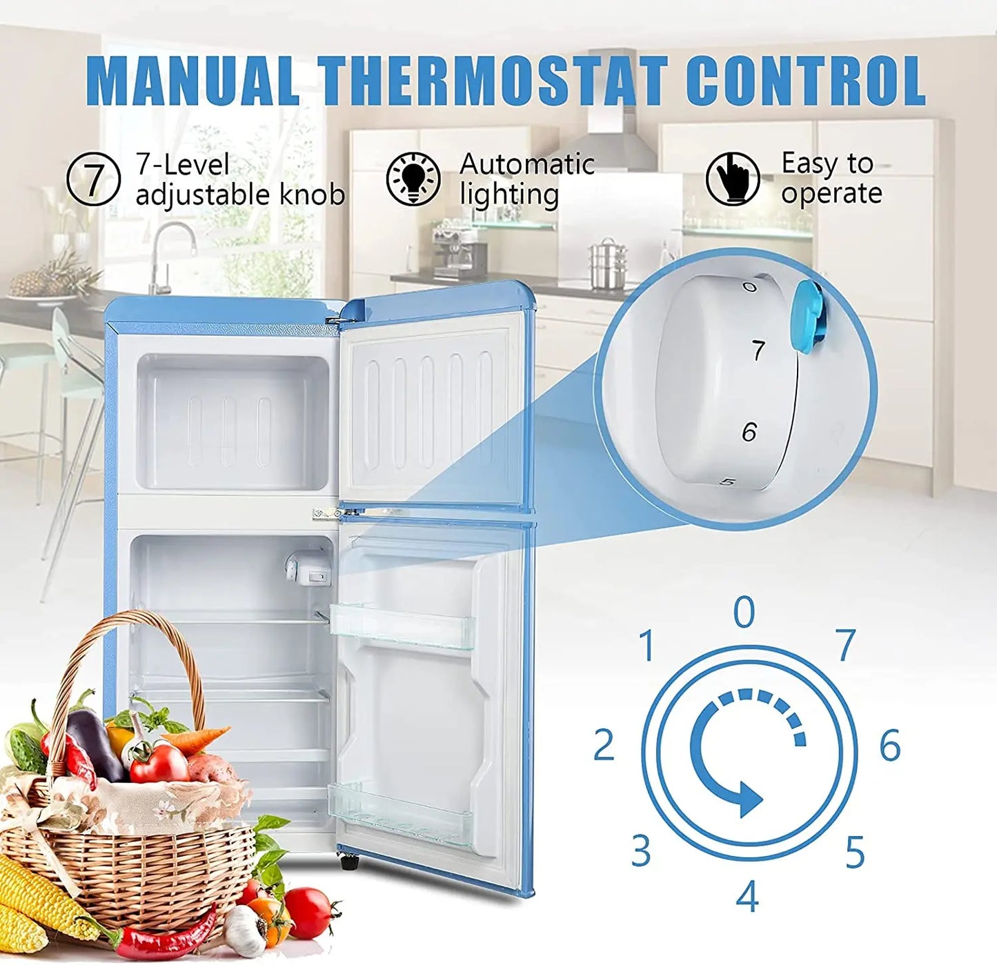 3.2 Cu.ft Double Door Compact Refrigerator, Mini Fridge with Freezer, Retro Design Small Drink Chiller for Home, Office