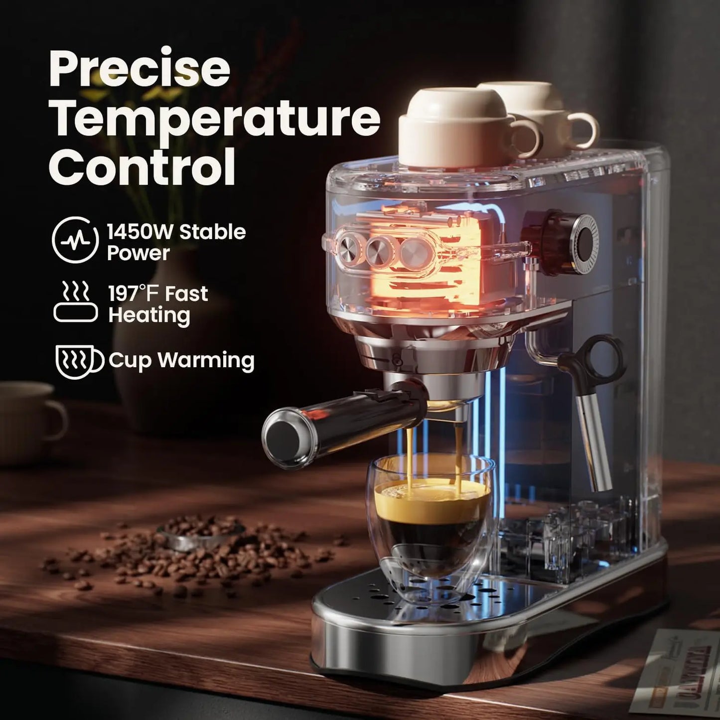 Espresso Machine - 20Bar Coffee Maker with Foaming Steam Wand: 1450W Compact Semi-Automatic Espresso Maker with 35Oz Removable W