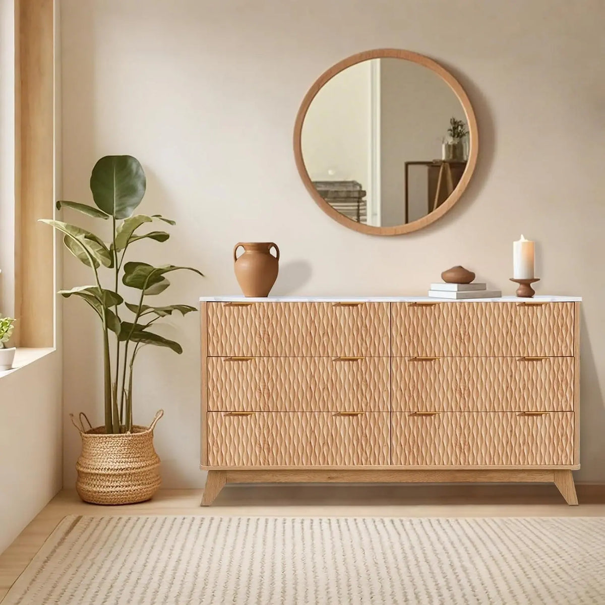 Fluted Dresser for Bedroom, Modern 6 Drawer Dresser, Double Chest of Drawers with Faux Marble Top, Wood Storage Cabinet for Living Room, Hallway, Entryway