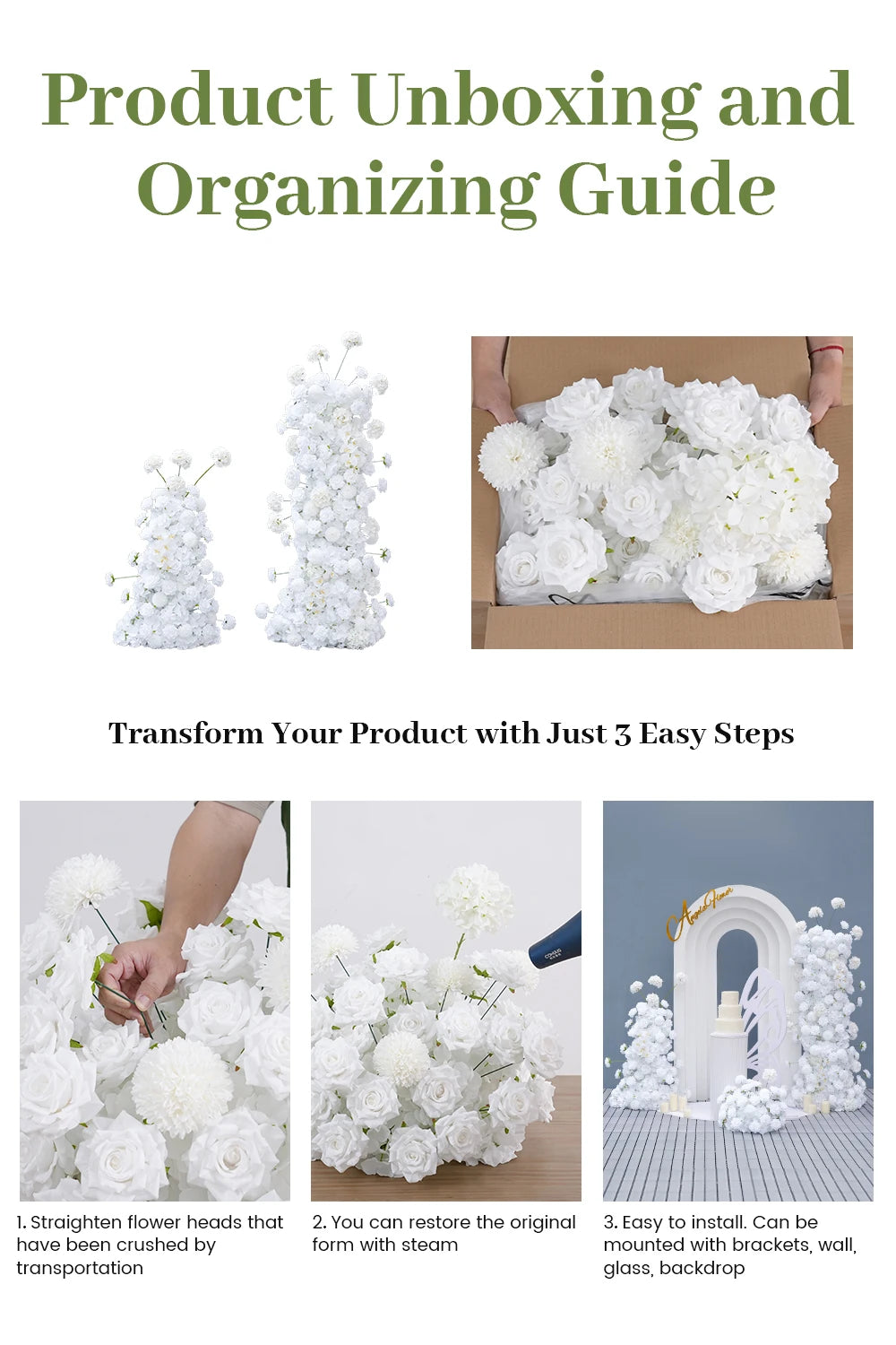 Angela Flower A7749 Pure White Floral Arrangement Wedding Backdrop KT Board Decor Rose Orchid Pompom Floor Flower Row Party Prop