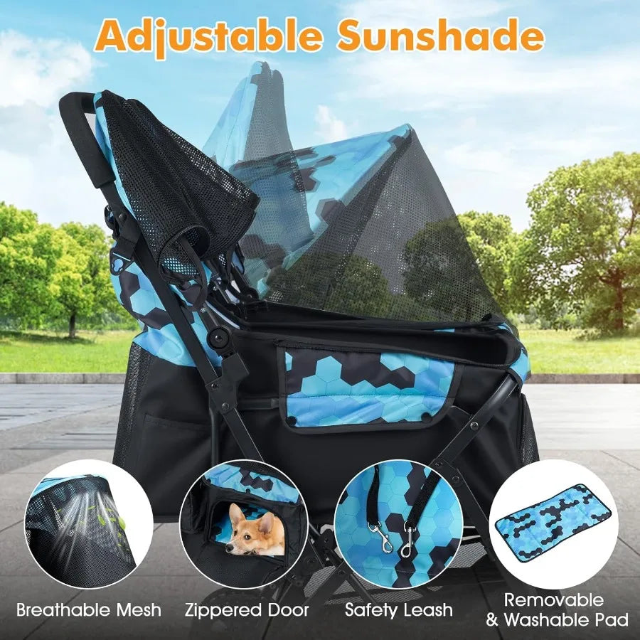 Double Pet Stroller Foldable Double Dog Stroller with 2-Seater Carrier Adjustable Sunshade Removable Pad Safety Belt Storage Ba