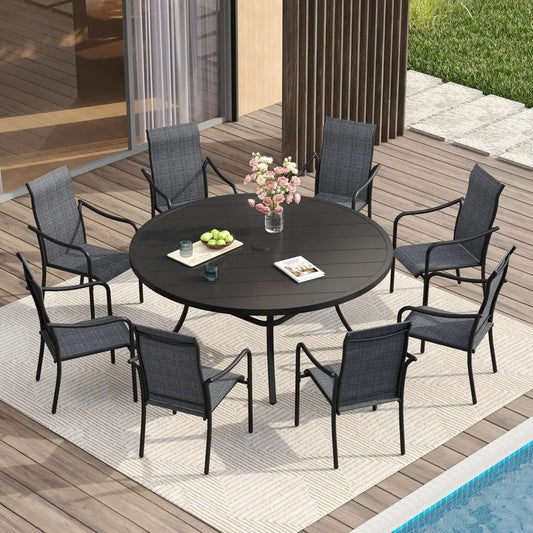 53" outdoor round patio table for lawn garden, all weather metal round patio dining table with adjustable umbrella hole, patio