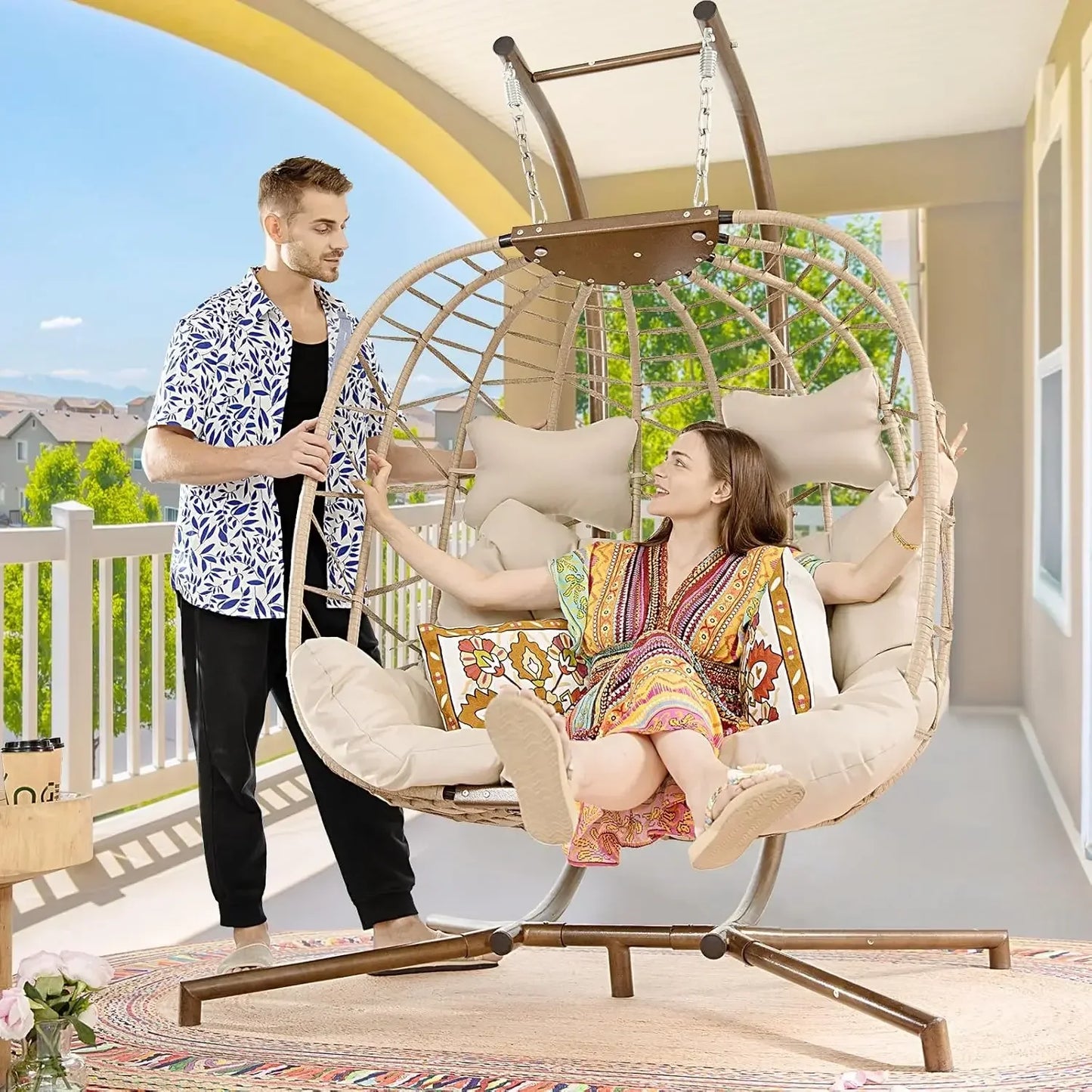 Extra Large Double Hanging Egg Chair 2 Person Outdoor Indoor Heavy-Duty 700 Lbs Wicker Hammock Swing Chair with Stand,Customized