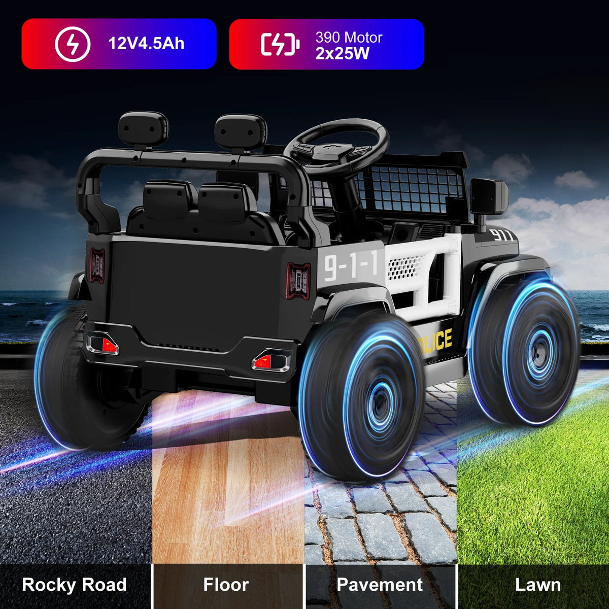 12V Ride On Car with Parent Remote Control, Toddler Police Electric Car with Spring Suspension, LED Lights & Music Player,Safe Battery Toy for Kids, Christmas & Birthday Gift