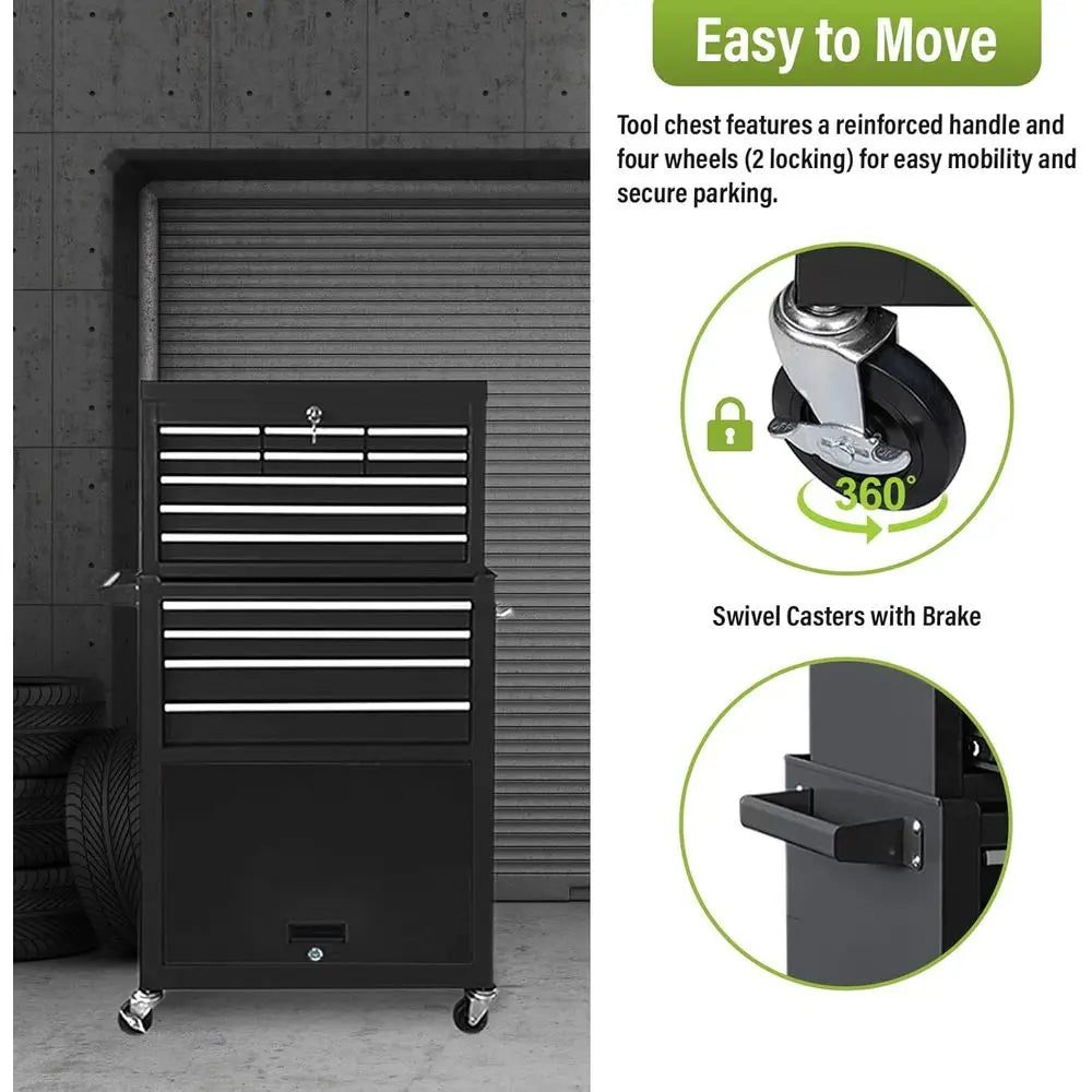 2-in-1 Rolling Tool Chest with Lockable Metal Cabinet, Detachable Drawers, and Wheels for Garage Workshop (Black)