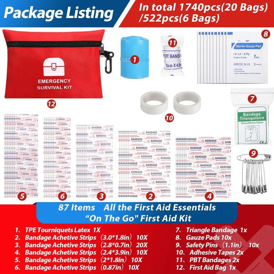 1740 Pcs Small First Aid Kits Bulk Mini Travel Size Emergency Individual Zipper Pouch Self Care Package Supplies for Homeless Tr