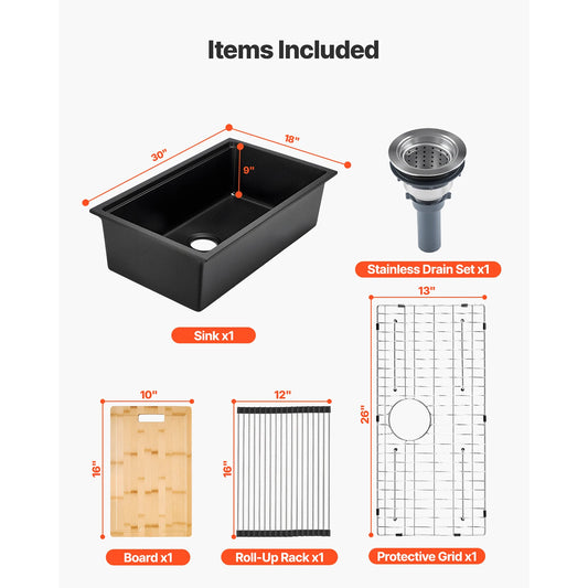SucceBuy 30 33inch Kitchen Sink Workstation Undermount Granite Sink Drop-In Single Bowl Farmhouse Basin for RV, Prep Kitchen