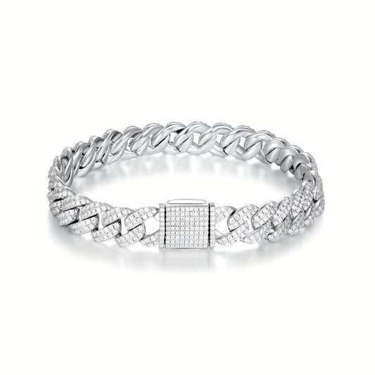 18k S925 sterling silver hiphop Cuban chain bracelet with 9.7 carats of moissanite, suitable for men and women. This stylish and