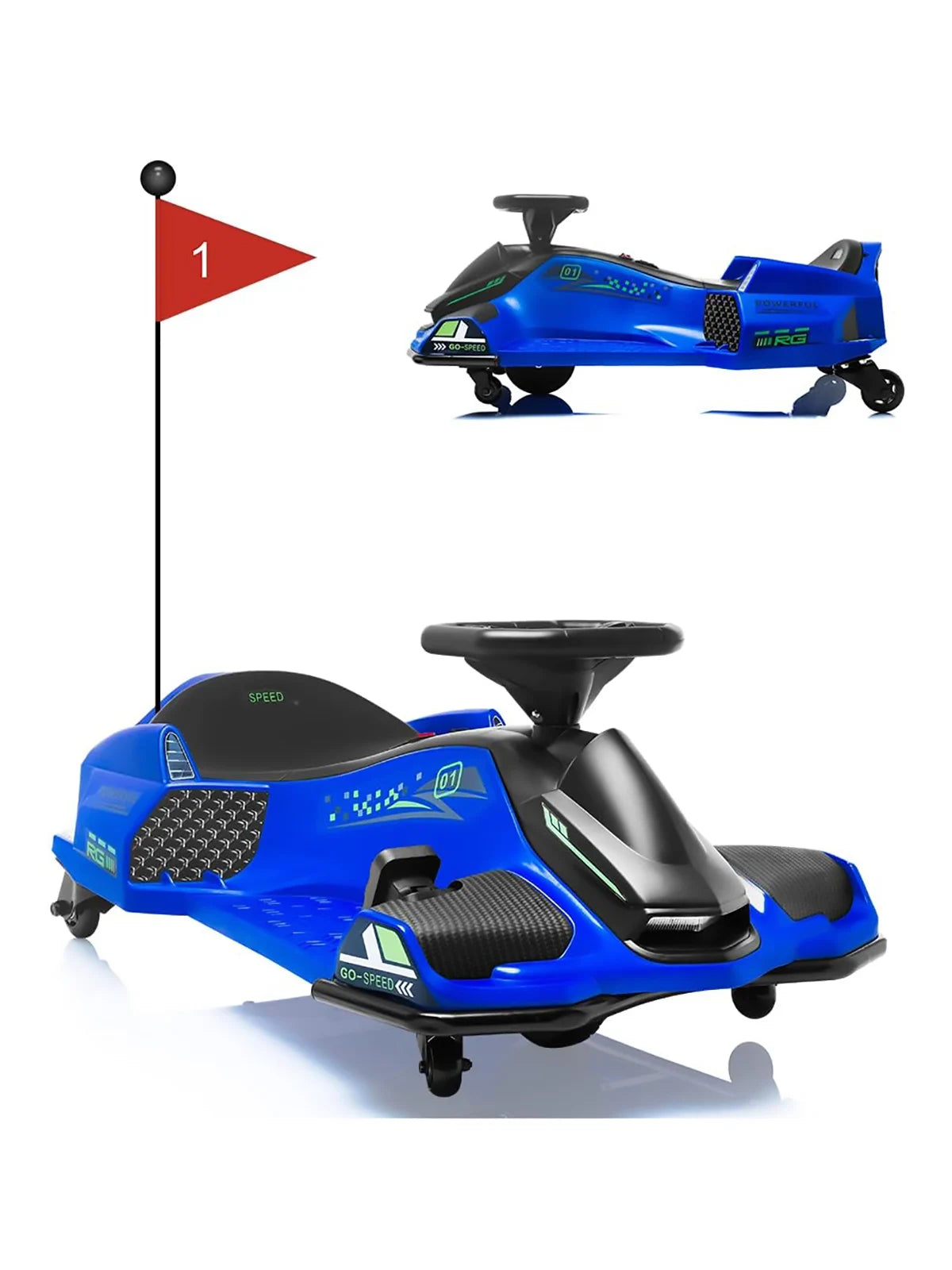 24V Kids Electric Drift Go Kart Ride-On - 180W Brushless Motor, 7Ah Battery, High/Low Adjustable Speed, 5 Wheels, LED Lights, Music, Low Battery Alarm