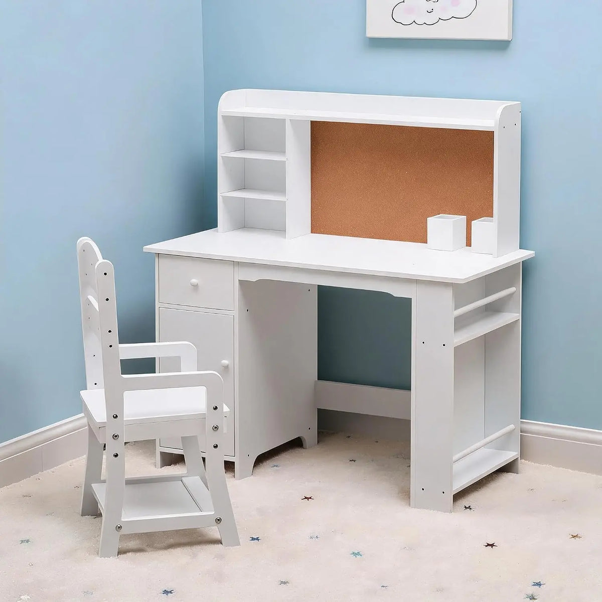 Kids Desk and Chair Set, Wooden Study Table with Bookshelf, Bulletin Board, Storage Shelf, Cabinet & Drawer, Homework Writing Desk for Ages 3-8, Pink
