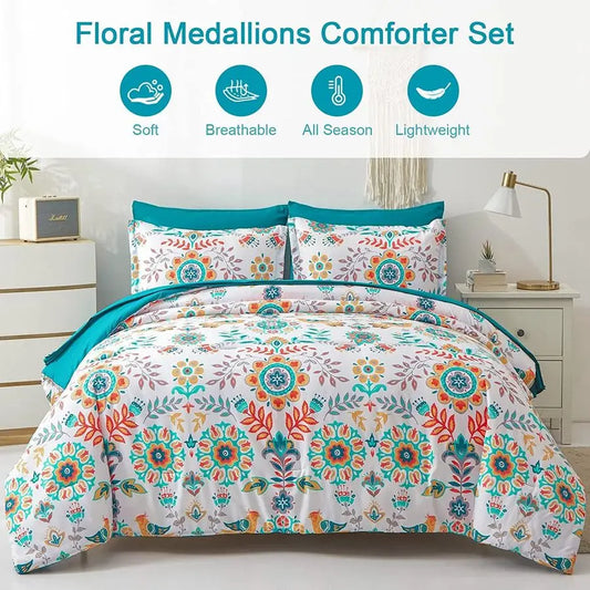 Boho Comforter Set Twin 5 Pieces Bed in a Bag Floral Medallions Design, Bohemian Comforter Set with Sheets, Soft Microfiber Comp