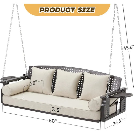 Three Porch Swing Chairs, A Terrace Swing Bench with Cup Holders and Three Cushions, with Chains
