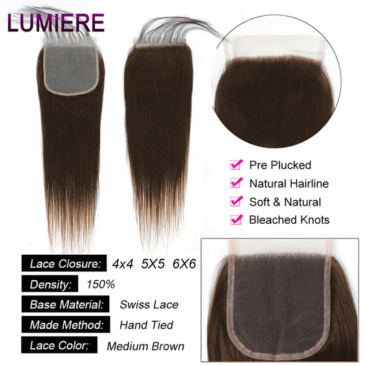 #4 Chocolate Brown Bone Straight Human Hair Bundles With Lace Closure Frontal HD Transparent Hair Bundle Double Weft Wholesale