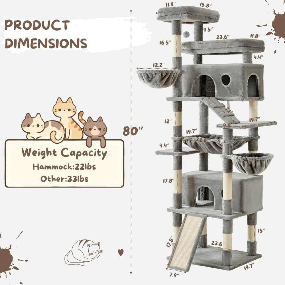 Large 80-Inch Cat Tower with Multiple Scratching Posts, Perches, Caves, Baskets, Stairs, Hammock, and Pompoms for Cats