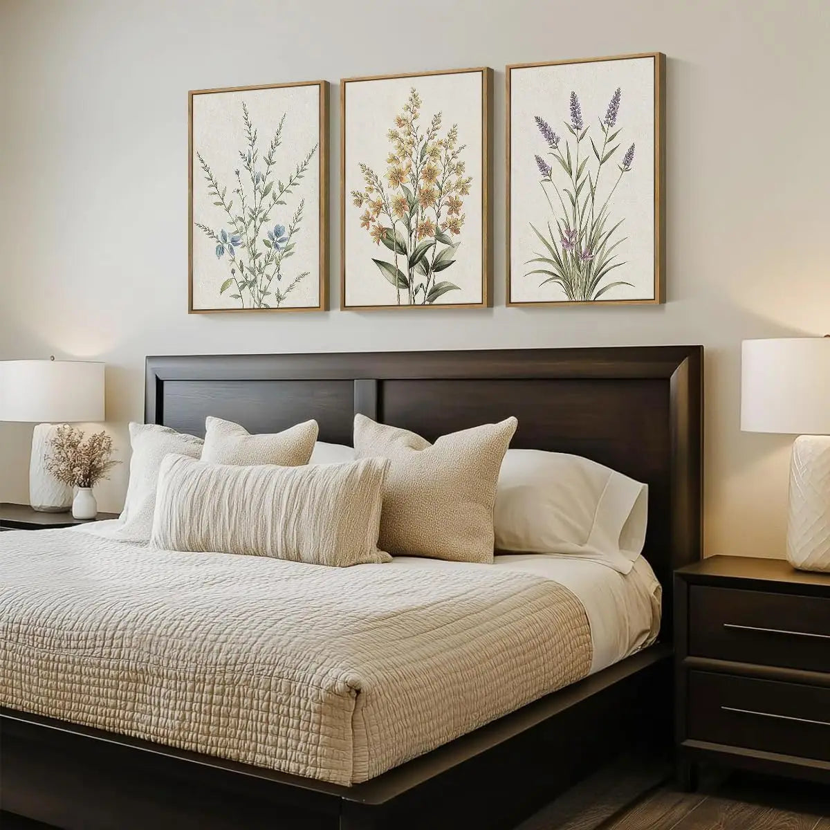 Minimalist Botanical Wall Art, Neutral Floral Prints in Beige, Modern Decor for Living Room Bedroom Office, 16x24 Inches Framed