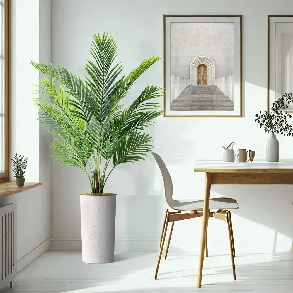 66 White Marble Effect Planter with Artificial Areca Palm Tree for Indoor & Outdoor Home Decor