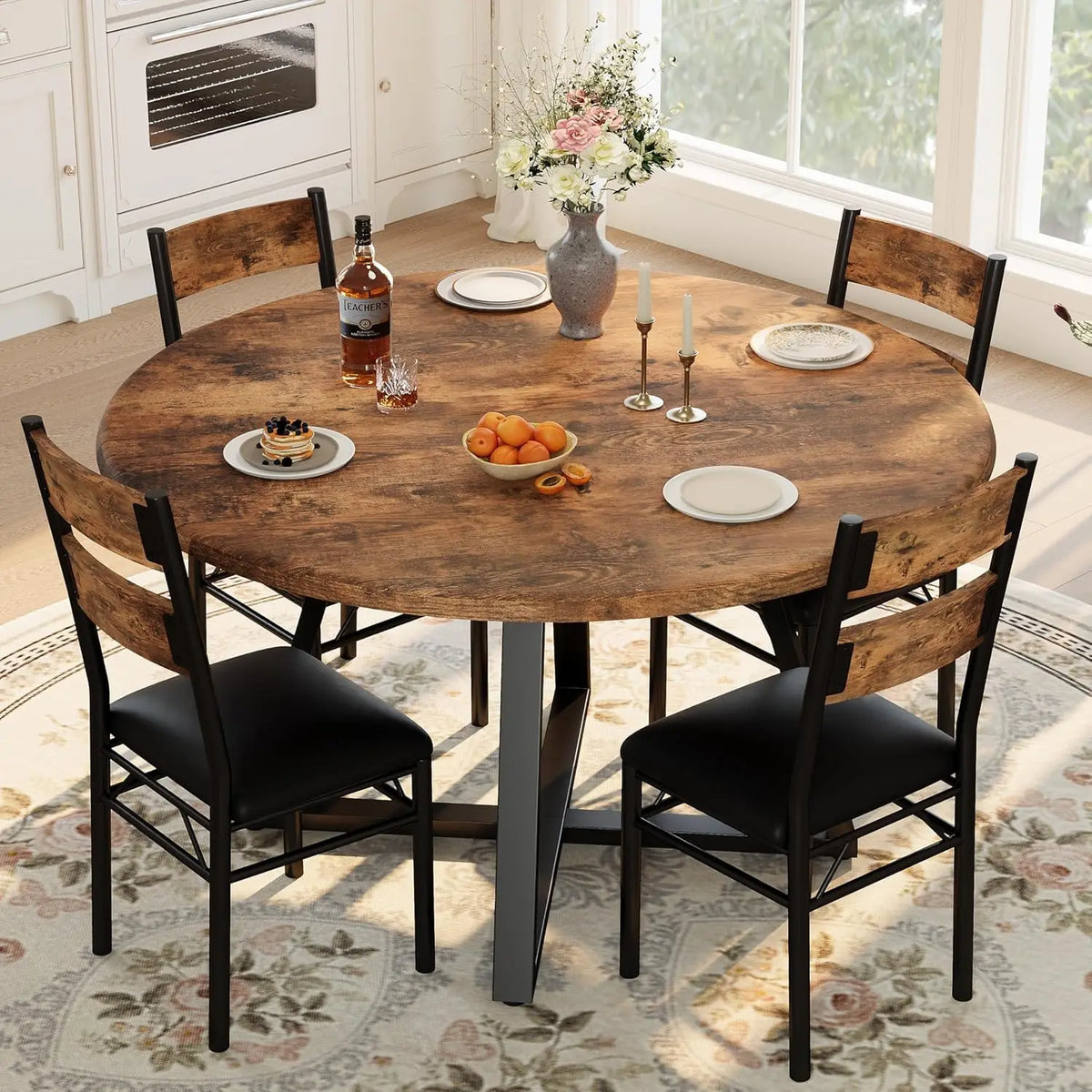 5-Piece Space-Saving Round Dining Table Set for 4 – Wooden Kitchen Table with 4 Upholstered Chairs – Rustic Brown – Perfect for Apartments or Small Dining Rooms