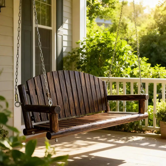 Rustic Log Wooden Porch Swing, Heavy-Duty 900 LBS, Outdoor Hanging Bench for Patio, Garden, Yard – Solid Fir Wood, Handcrafted,