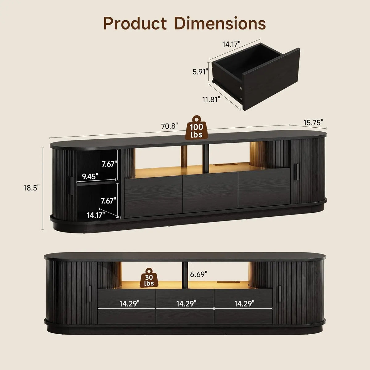71" TV Stand with Power Outlet, 3 RGB LED Lights, for 85" TVs - 3-Drawer Mid Century Modern Entertainment Unit w/ Adjustable Shelf & Sliding Door Cabinet