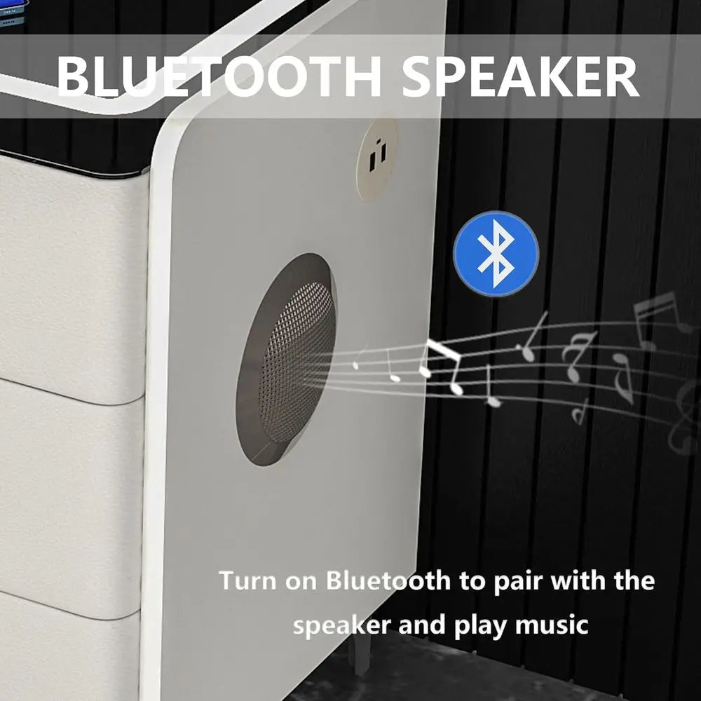 Bedroom LED Nightstand with Charging, Security Code, Wireless Charging, Bluetooth Speaker & USB Port (White)