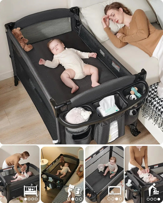 4-in-1 Baby Bassinet Bedside Sleeper with Changing Table, Playard & Wheels for Newborns
