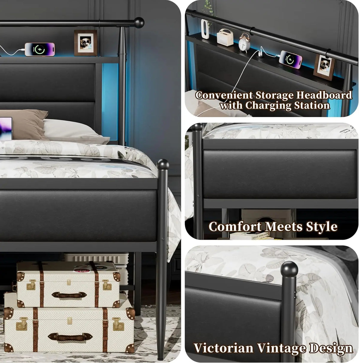 20 Inch Tall Bed Frame Queen Size with Headboard and LED Lights, Black