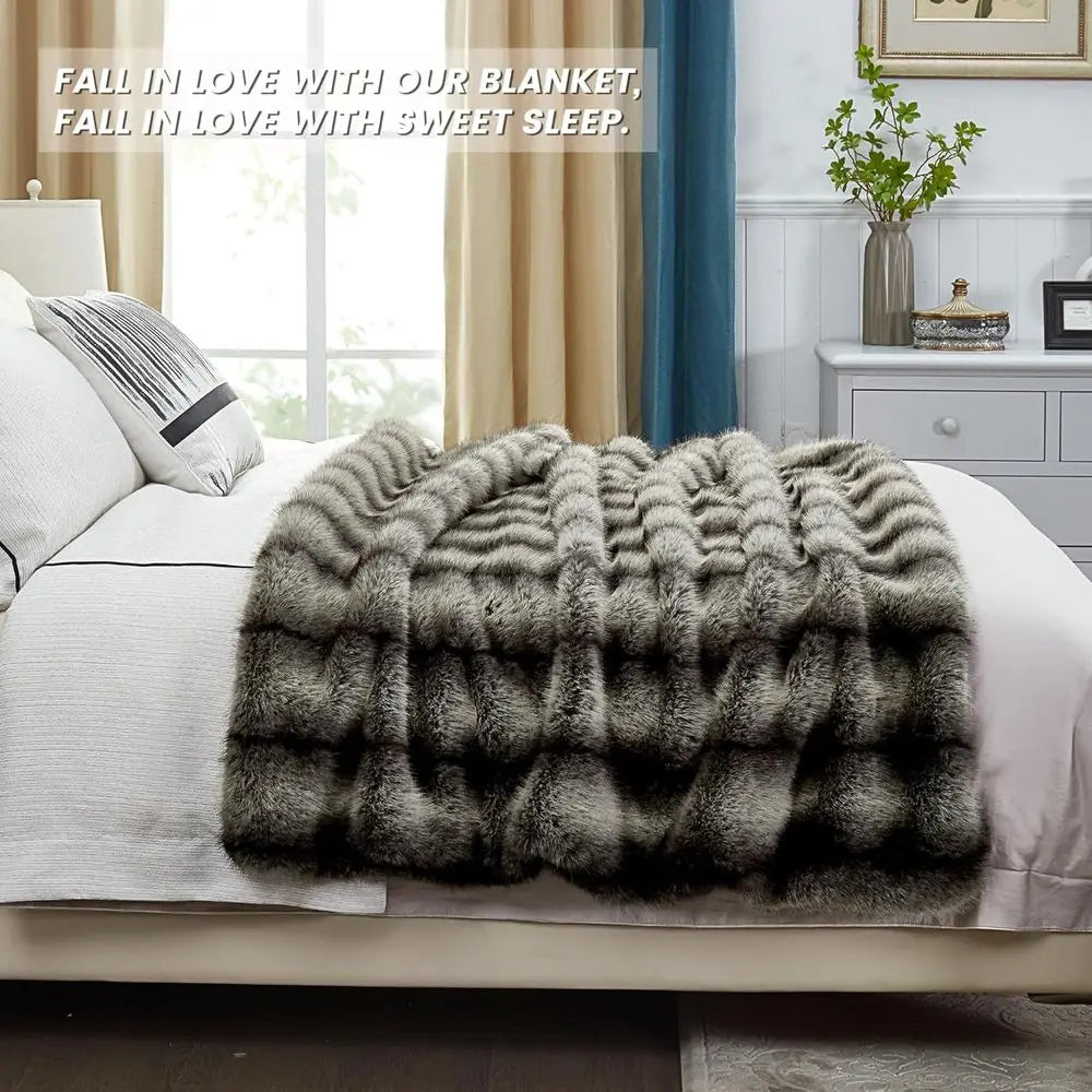 High-end Premium Fuzzy Faux Wolf Fur Throw Blanket 50" x 60", Luxury Cozy Accent Thick Animal Skin Fluffy Fox Blanket for Couch