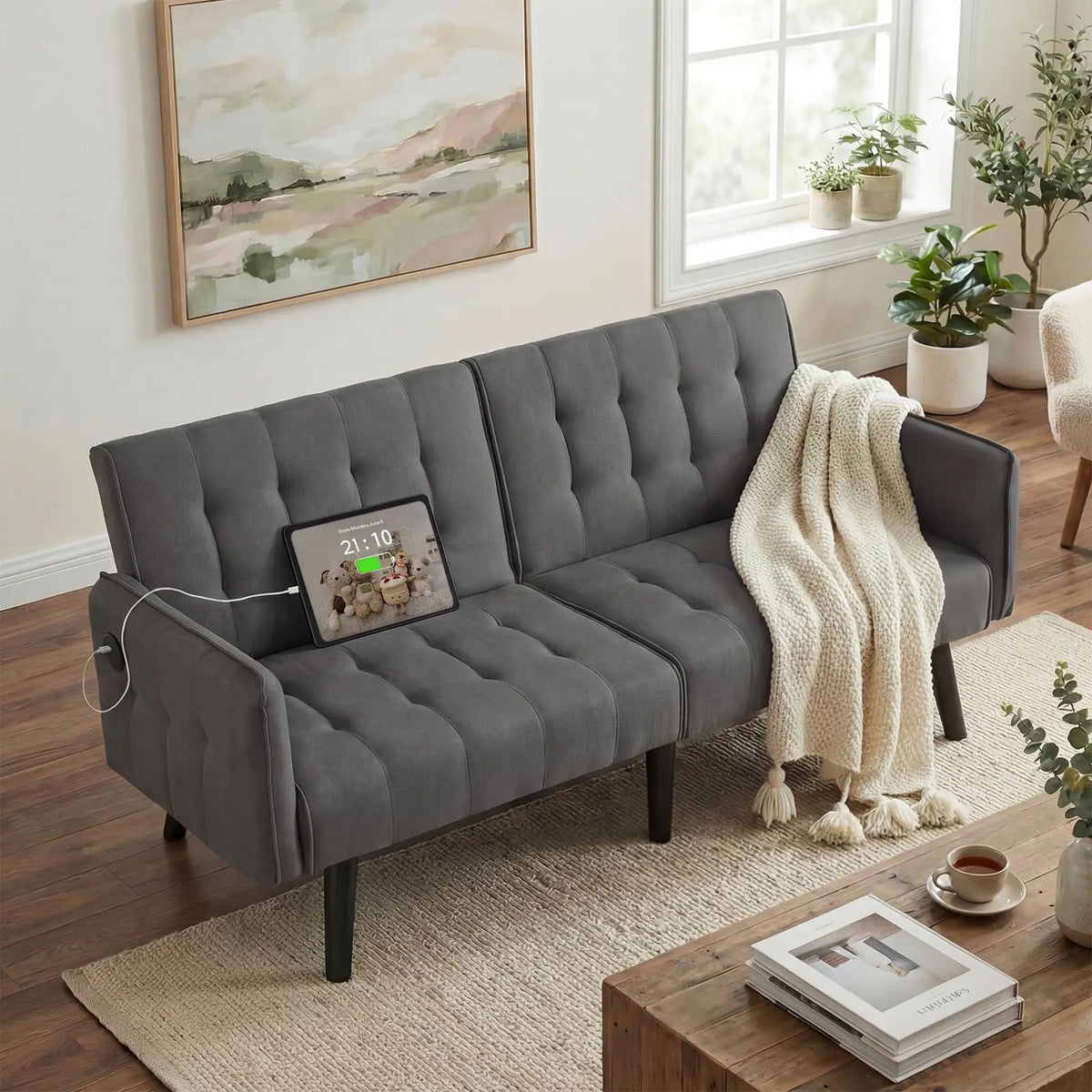 TYBOATLE 65" Brown Faux Leather Futon Sofa Bed Convertible Sleeper Loveseat 2 USB Ports Tufted Adjustable Folding Couch Space