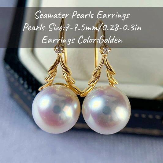 MYSOYA Japan Akoya Seawater Pearl Ear Hook Drop Earrings Stud Earrings 7-7.5 Mm With Gift Box For Her Him For Birthday Wedding
